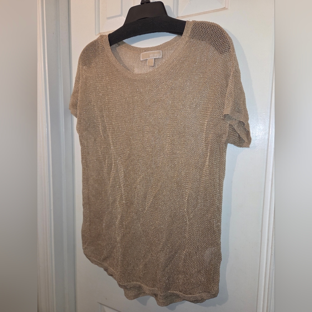 MICHAEL Michael Kors Gold Mesh Metallic Short Sleeve Top/Shirt.  Size L. - Picture 5 of 14
